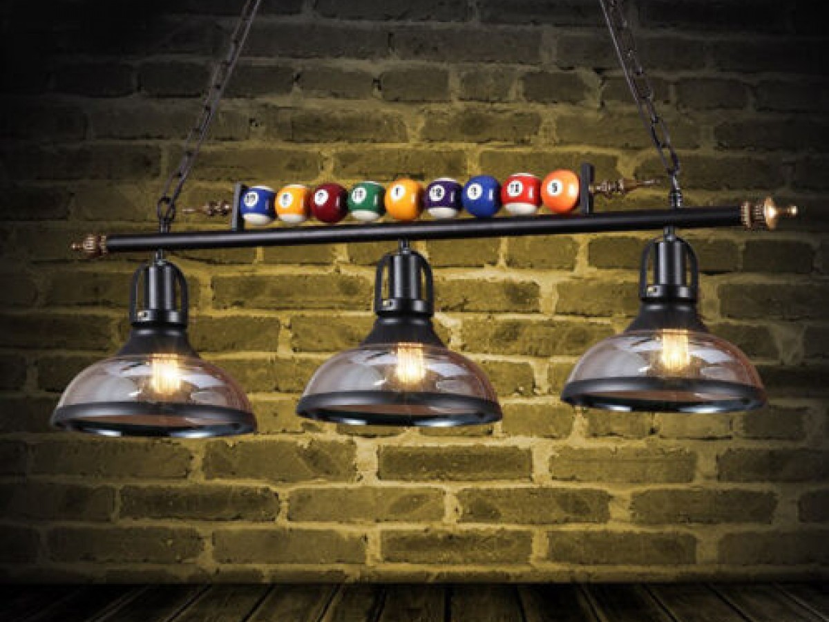 Lampara colgante de 99 cm tipo vintage para mesa de billar con 3 sombras transparentes